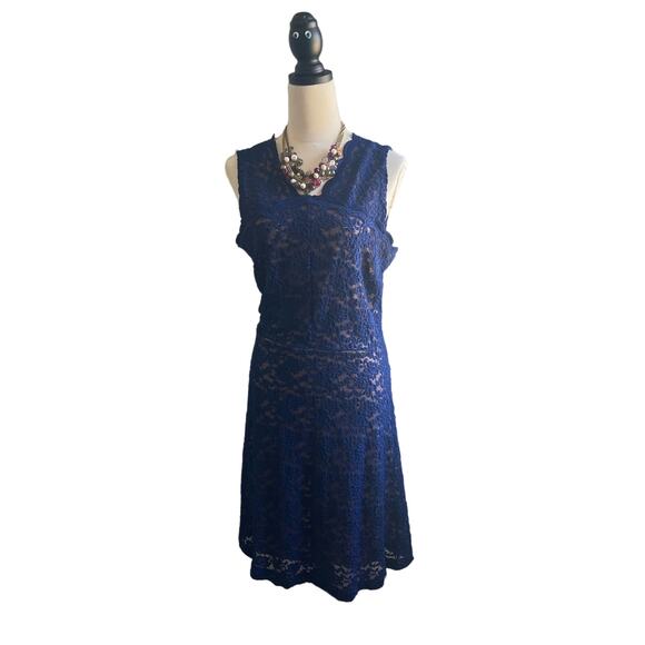 c.b. collections Navy Blue/Nude Lace MIDI V-Neck Front Back Sleeveless Dress 16 - Picture 2 of 10